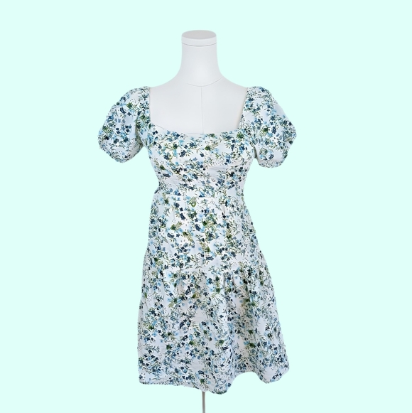 Jessica Simpson Dresses & Skirts - Jessica Simpson White Floral Eyelet Tie-Back Mini Dress XS Puff Sleeves